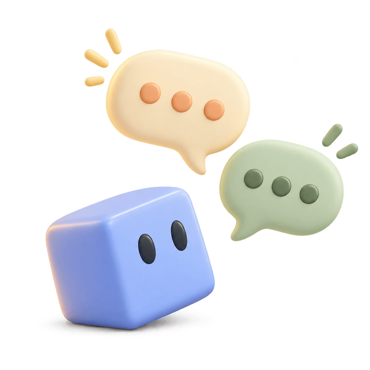 A curious blue cube beneath two speech bubbles.