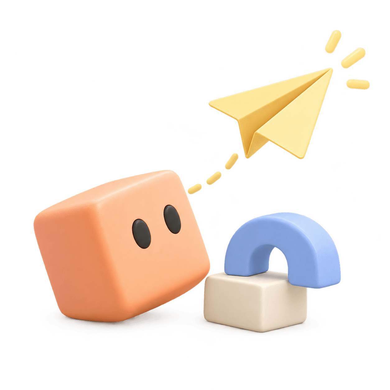 An apricot cube beside building blocks and a yellow paper airplane.