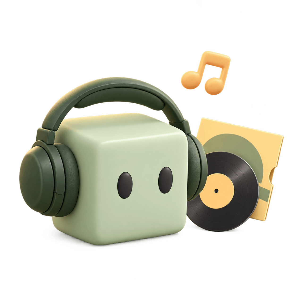 A sage cube wearing headphones beside a vinyl record.