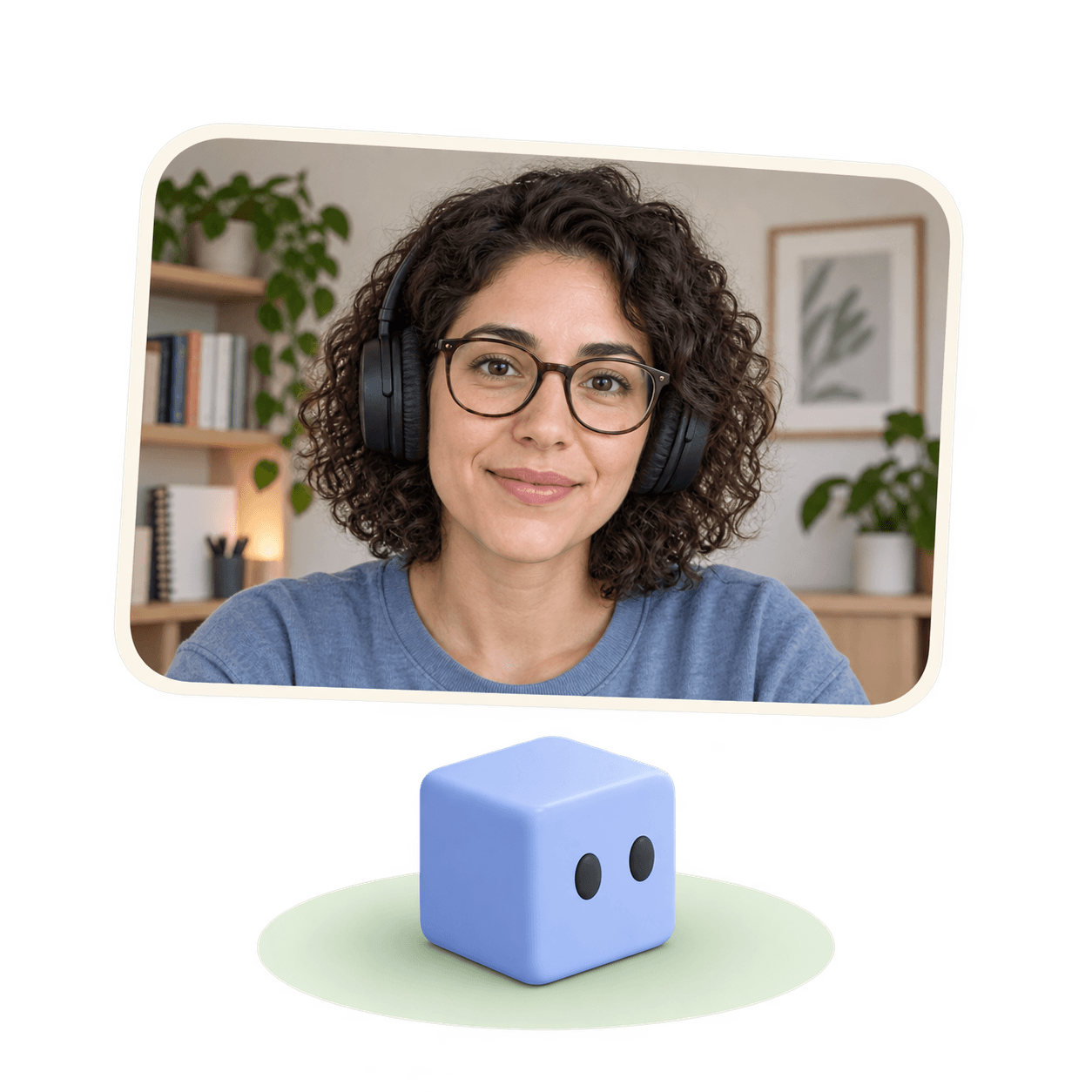 A participant listening on headphones, with her blue cube avatar on a proximity halo.